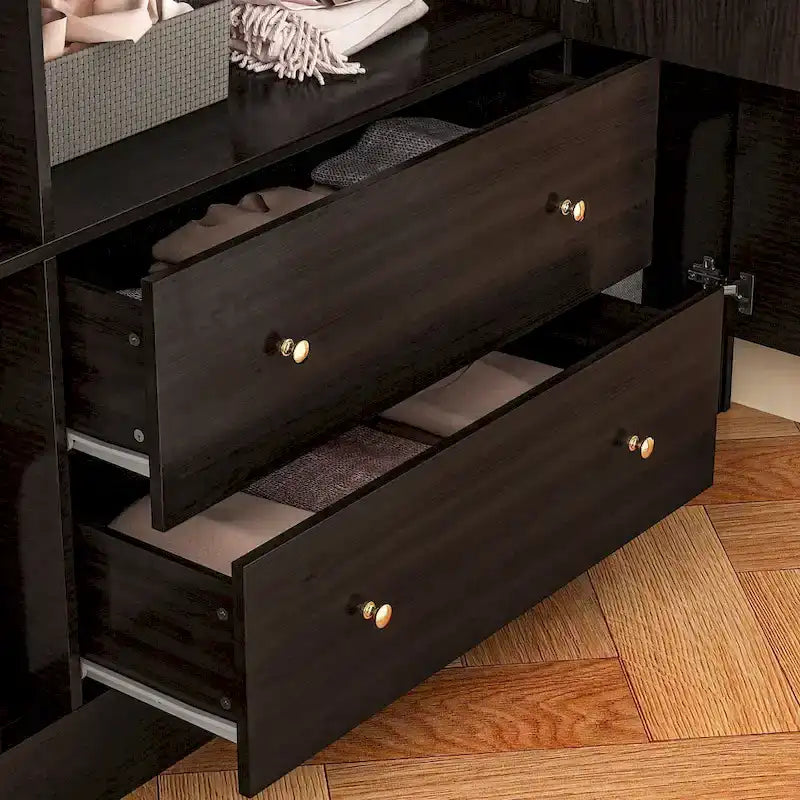 Timechee Wardrobe Armoire Wooden Closet with Mirror 4 Doors 2 Drawers