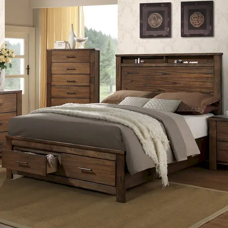 Wooden Bed With Display and Storage Drawers in Oak Finish