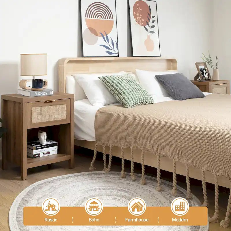 SICOTAS Farmhouse Rattan Nightstand with Drawer and Storage Shelf