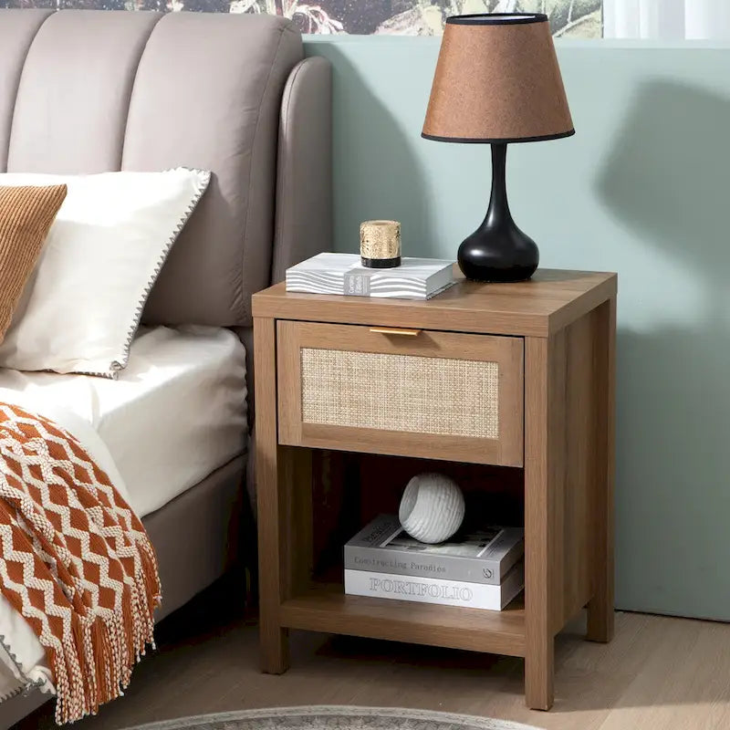 SICOTAS Farmhouse Rattan Nightstand with Drawer and Storage Shelf