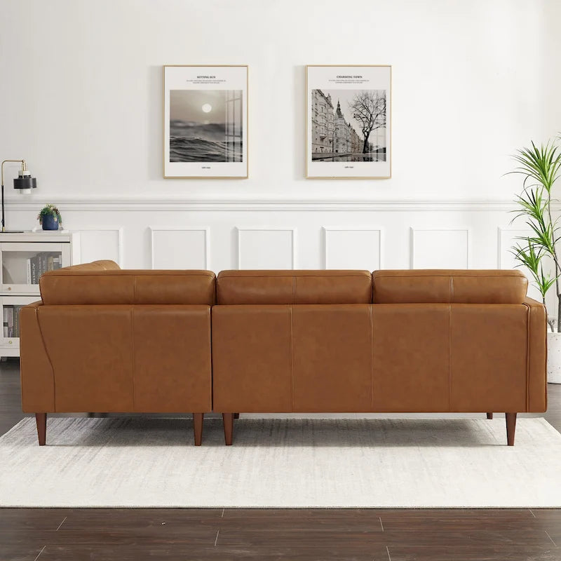 Lester Tufted Modern Living Room Top Leather Corner Sectional Sofa in Cognac Tan