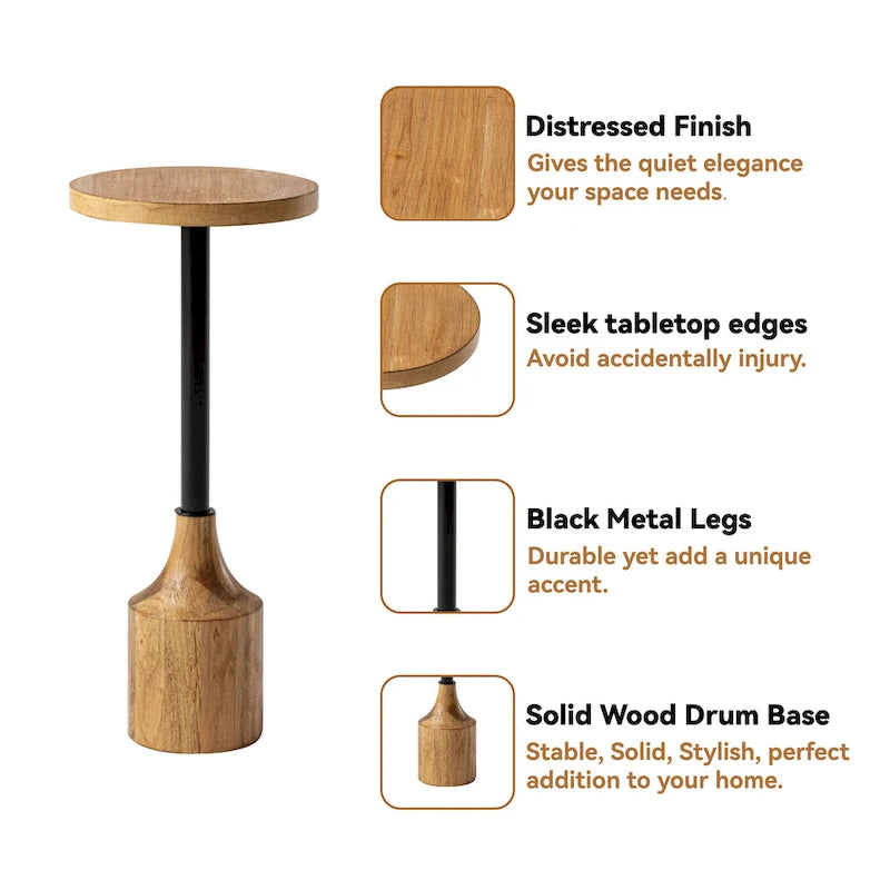 COZAYH Farmhouse Pedestal End table, Rustic Wood Drink Table with Base, Round Martini Table for Small Space Living Room