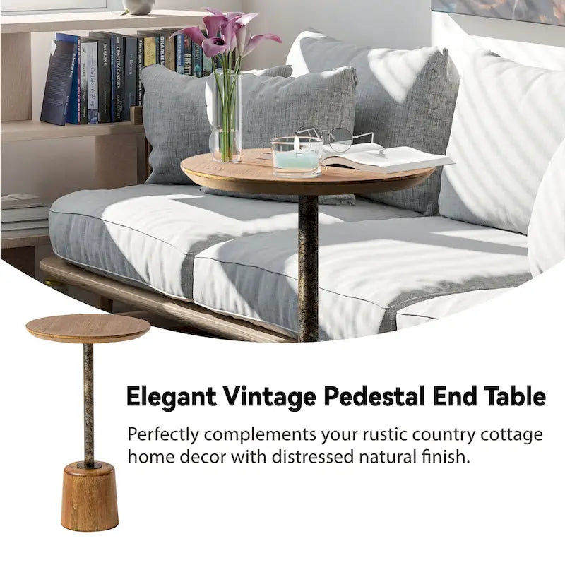 COZAYH Farmhouse Pedestal End table, Rustic Wood Drink Table with Base, Round Martini Table for Small Space Living Room