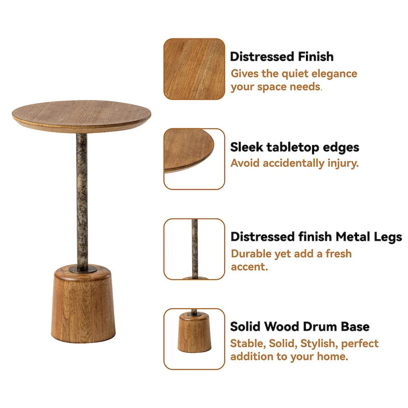 COZAYH Farmhouse Pedestal End table, Rustic Wood Drink Table with Base, Round Martini Table for Small Space Living Room