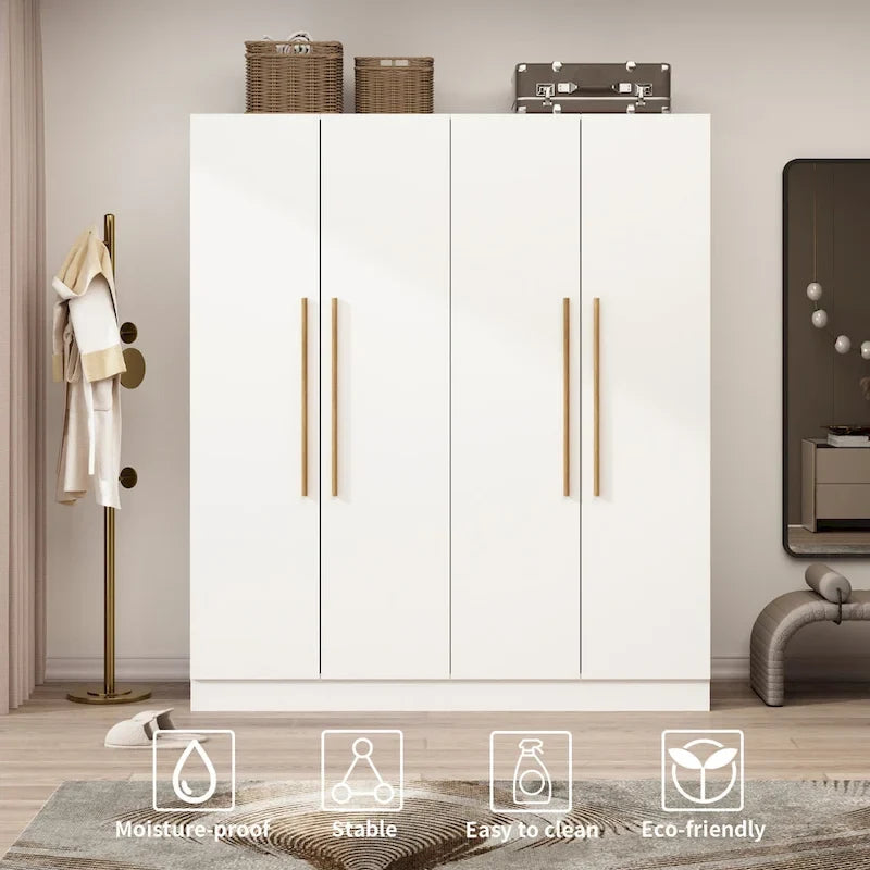 70.9H x 63W Kerrogee Wardrobe Airmories 4 Doors Hanging Rod White