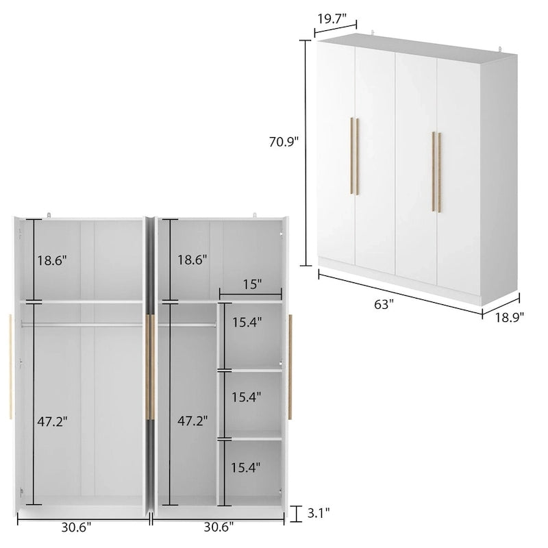 70.9H x 63W Kerrogee Wardrobe Airmories 4 Doors Hanging Rod White