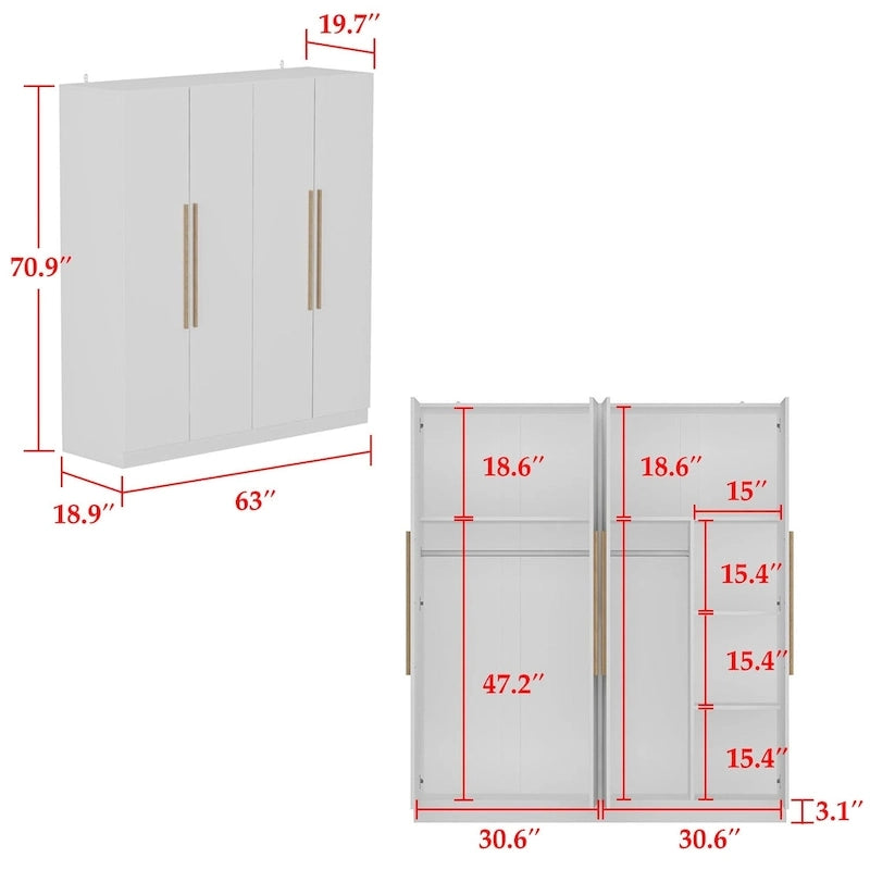 70.9H x 63W Kerrogee Wardrobe Airmories 4 Doors Hanging Rod White