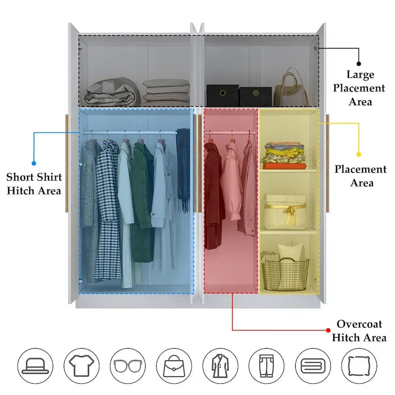 70.9H x 63W Kerrogee Wardrobe Airmories 4 Doors Hanging Rod White