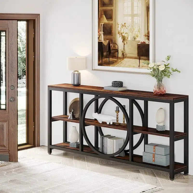 70.9 inch Sofa Console Table with 3 Tier Wood Storage Shelves Industrial Metal Frame for Foyer Hallway Living Room Behind Couch