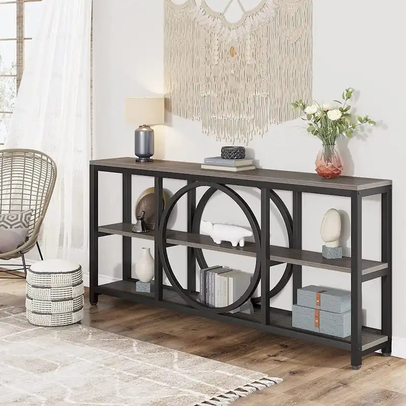 70.9 inch Sofa Console Table with 3 Tier Wood Storage Shelves Industrial Metal Frame for Foyer Hallway Living Room Behind Couch