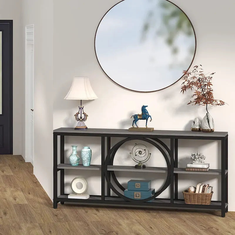 70.9 inch Sofa Console Table with 3 Tier Wood Storage Shelves Industrial Metal Frame for Foyer Hallway Living Room Behind Couch