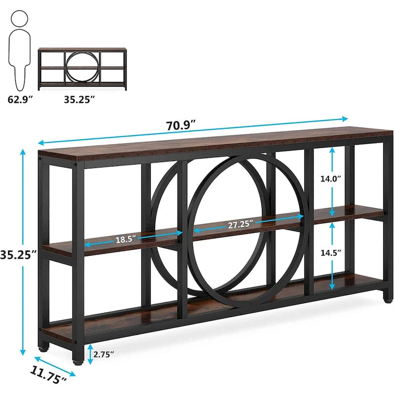 70.9 inch Sofa Console Table with 3 Tier Wood Storage Shelves Industrial Metal Frame for Foyer Hallway Living Room Behind Couch