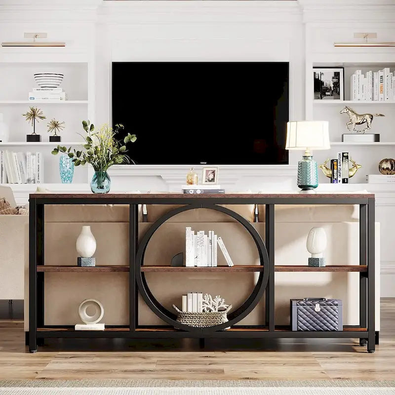 70.9 inch Sofa Console Table with 3 Tier Wood Storage Shelves Industrial Metal Frame for Foyer Hallway Living Room Behind Couch