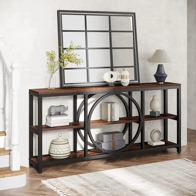70.9 inch Sofa Console Table with 3 Tier Wood Storage Shelves Industrial Metal Frame for Foyer Hallway Living Room Behind Couch