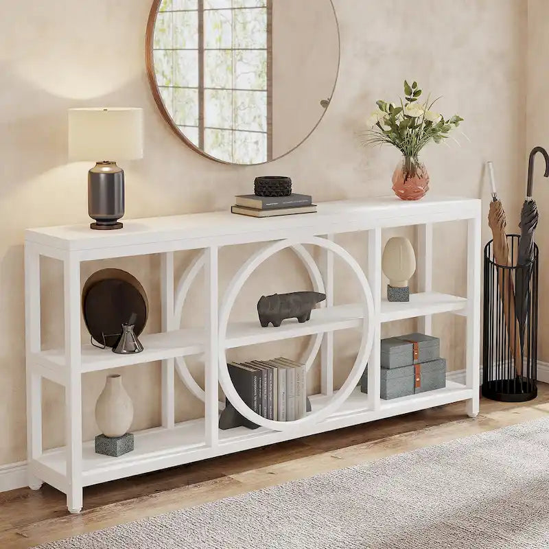 70.9 inch Sofa Console Table with 3 Tier Wood Storage Shelves Industrial Metal Frame for Foyer Hallway Living Room Behind Couch
