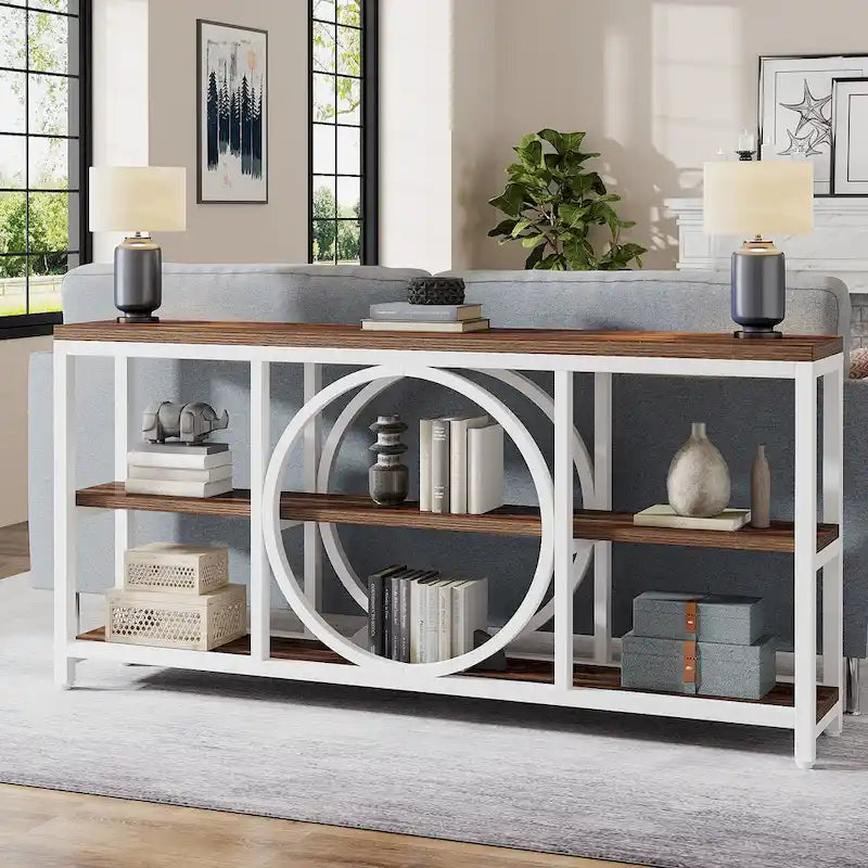 70.9 inch Sofa Console Table with 3 Tier Wood Storage Shelves Industrial Metal Frame for Foyer Hallway Living Room Behind Couch