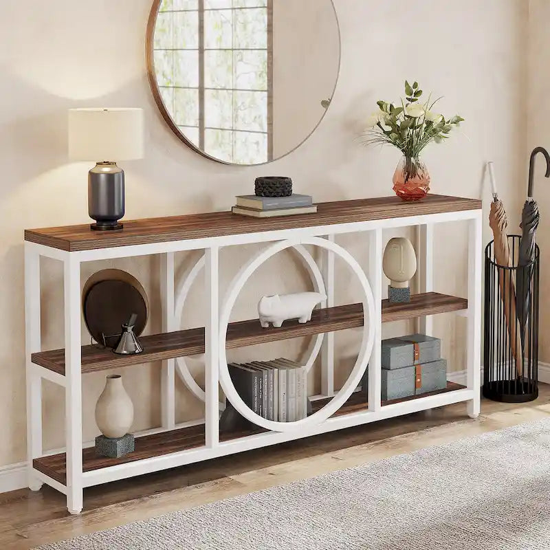 70.9 inch Sofa Console Table with 3 Tier Wood Storage Shelves Industrial Metal Frame for Foyer Hallway Living Room Behind Couch