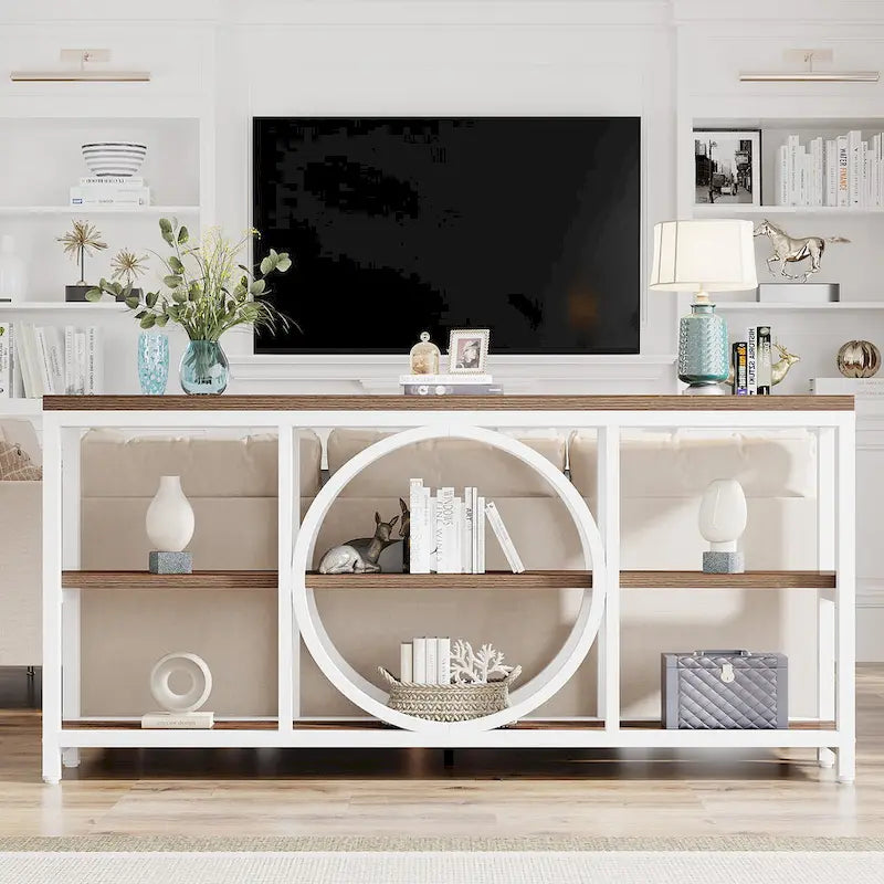 70.9 inch Sofa Console Table with 3 Tier Wood Storage Shelves Industrial Metal Frame for Foyer Hallway Living Room Behind Couch