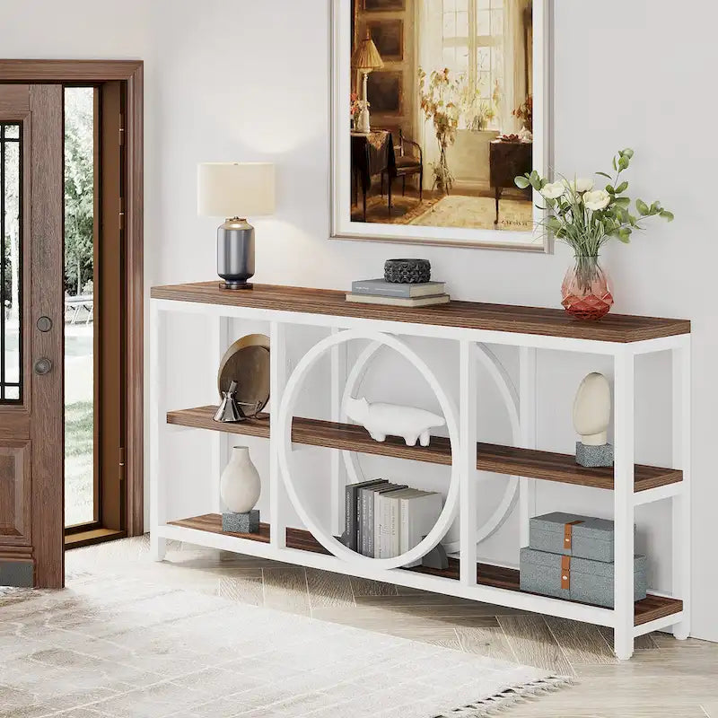 70.9 inch Sofa Console Table with 3 Tier Wood Storage Shelves Industrial Metal Frame for Foyer Hallway Living Room Behind Couch