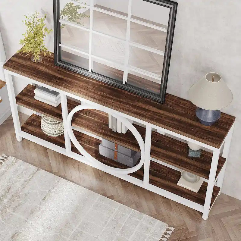 70.9 inch Sofa Console Table with 3 Tier Wood Storage Shelves Industrial Metal Frame for Foyer Hallway Living Room Behind Couch