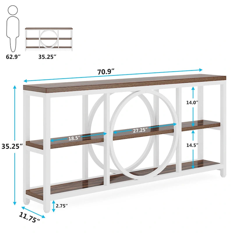 70.9 inch Sofa Console Table with 3 Tier Wood Storage Shelves Industrial Metal Frame for Foyer Hallway Living Room Behind Couch