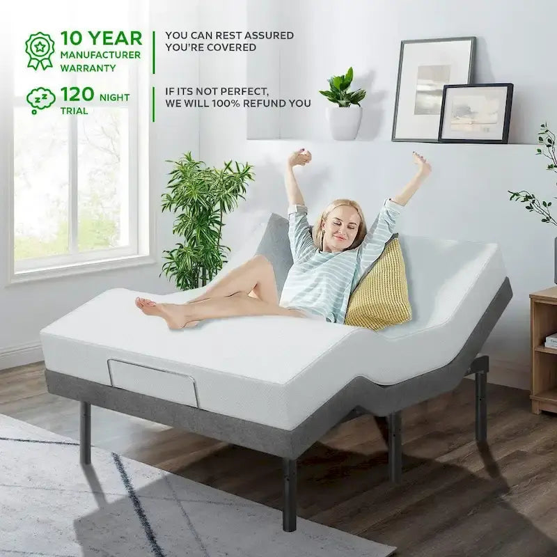 Renanim Adjustable Bed Frame with 14-inch Hybrid Mattress, Dual Massage USB, App Control, Remote - Split King