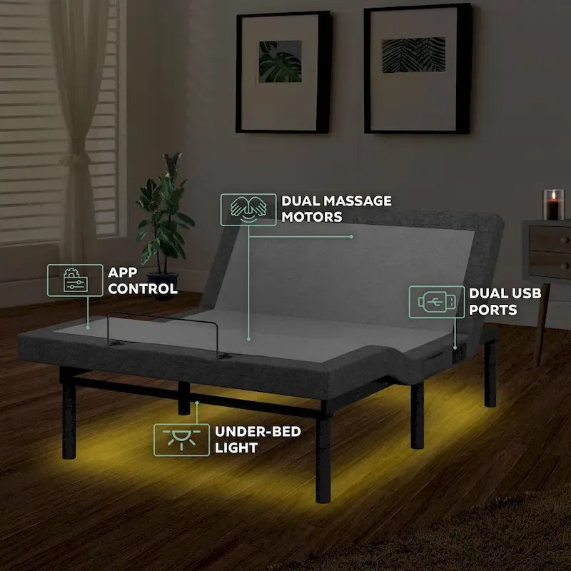Renanim Adjustable Bed Frame with 14-inch Hybrid Mattress, Dual Massage USB, App Control, Remote - Split King