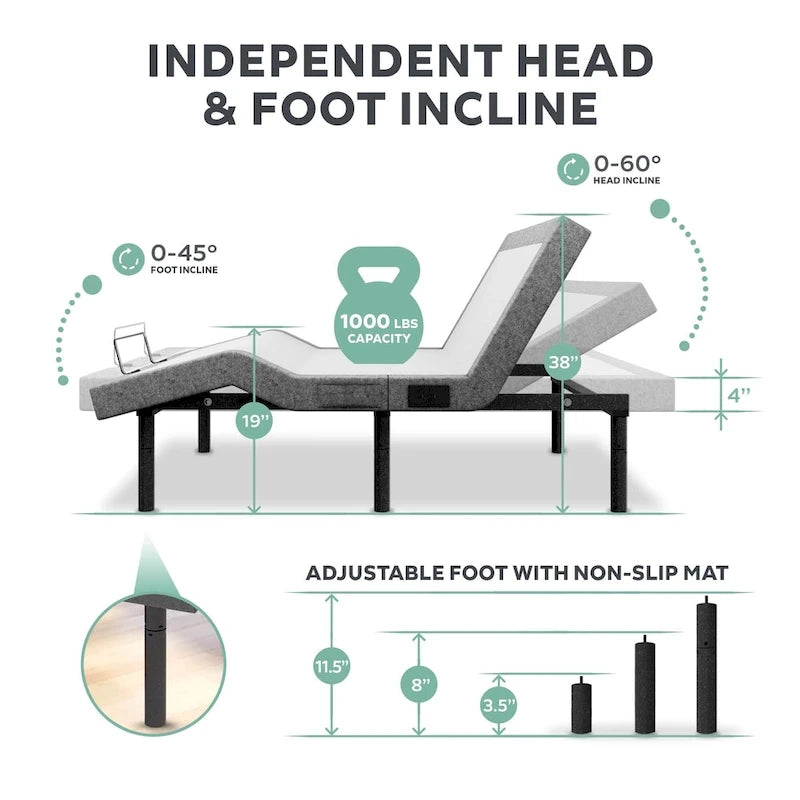 Renanim Adjustable Bed Frame with 14-inch Hybrid Mattress, Dual Massage USB, App Control, Remote - Split King
