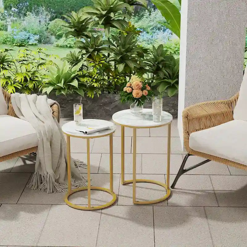 Round Nesting End Table Set Iron and Marble Accent Table - 15.7x21.5 inch & 13.7x19.7 inch