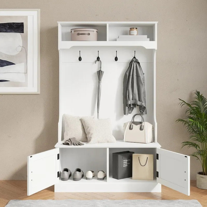 4 Hook Hallway Tree with Storage Bench and Upper Cubbies