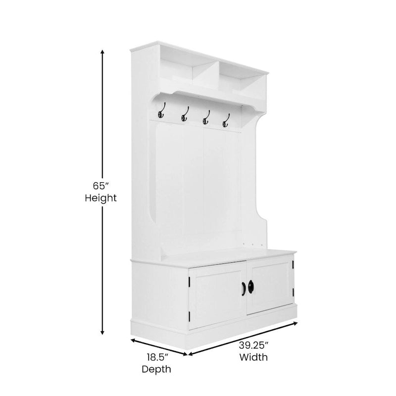 4 Hook Hallway Tree with Storage Bench and Upper Cubbies