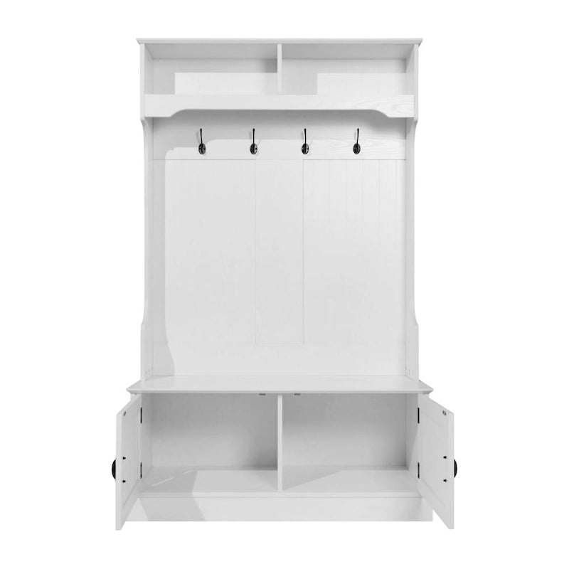 4 Hook Hallway Tree with Storage Bench and Upper Cubbies