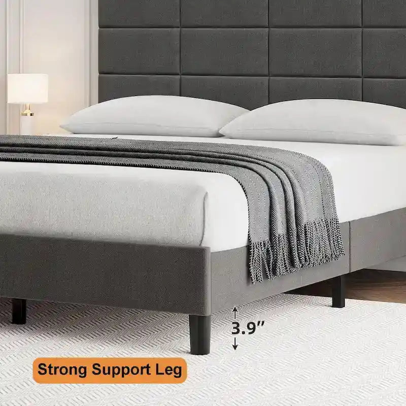 Linen Upholstered Twin Bed Frames with Solid Wooden Slats Support