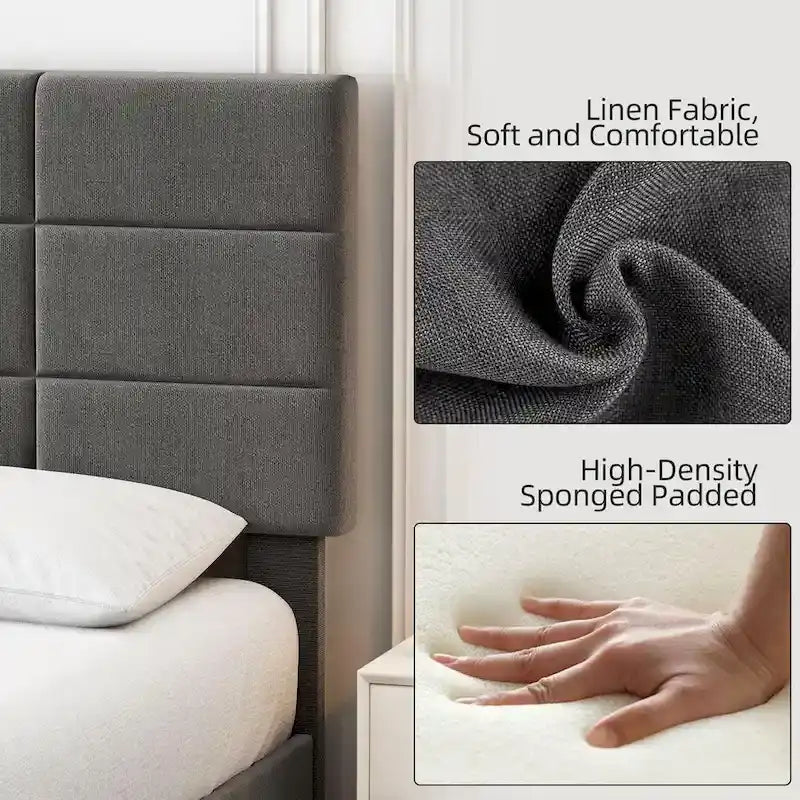Linen Upholstered Twin Bed Frames with Solid Wooden Slats Support