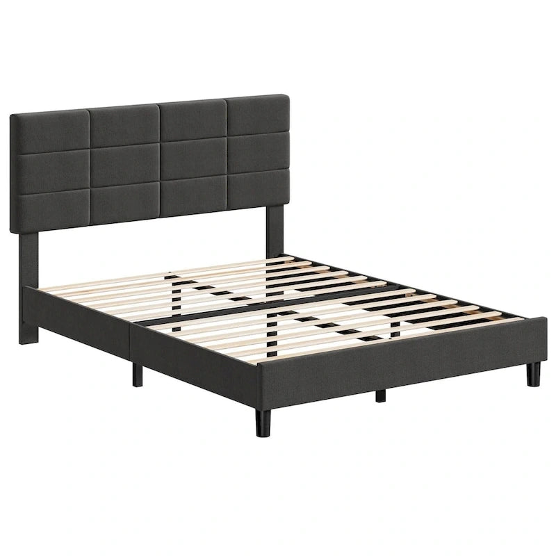 Linen Upholstered Twin Bed Frames with Solid Wooden Slats Support