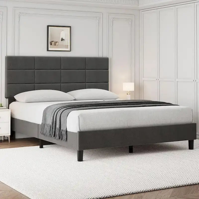 Linen Upholstered Twin Bed Frames with Solid Wooden Slats Support