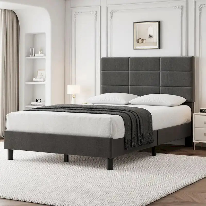 Linen Upholstered Twin Bed Frames with Solid Wooden Slats Support