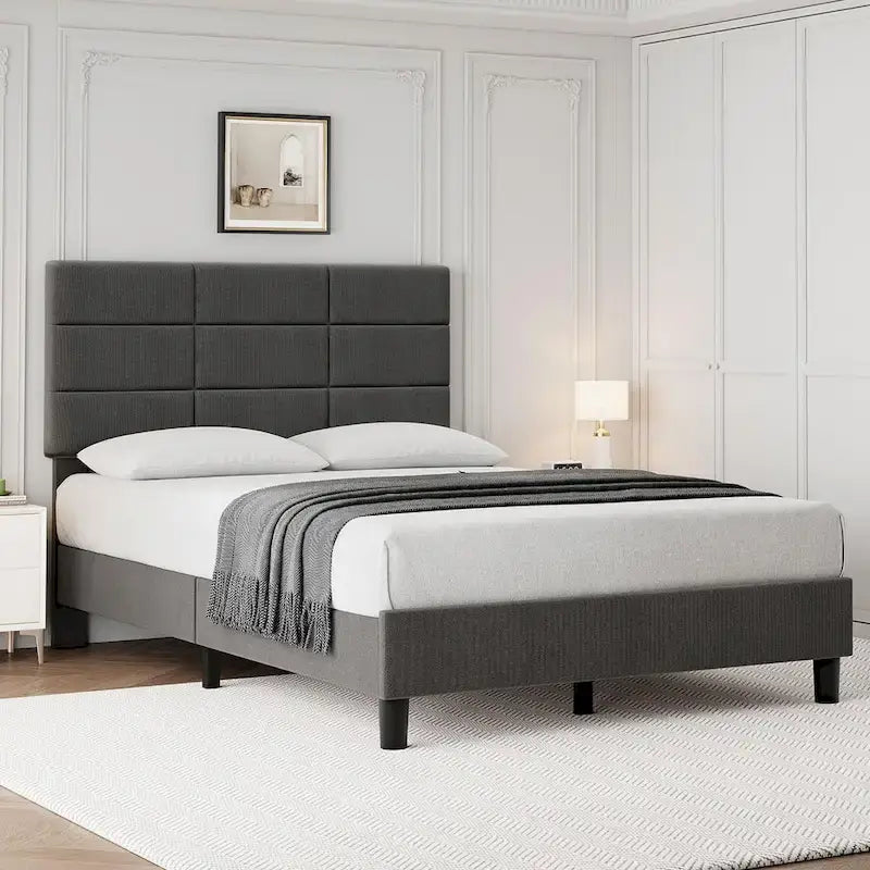 Linen Upholstered Twin Bed Frames with Solid Wooden Slats Support