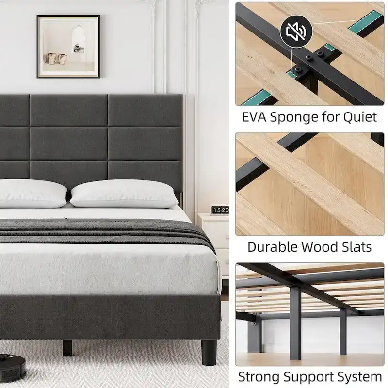 Linen Upholstered Twin Bed Frames with Solid Wooden Slats Support