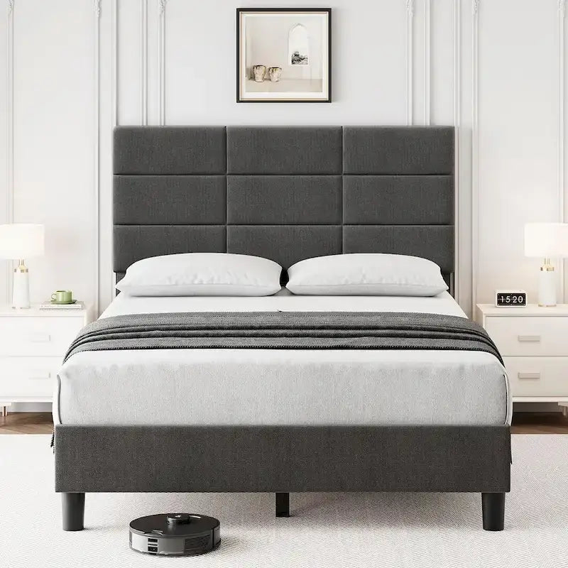 Linen Upholstered Twin Bed Frames with Solid Wooden Slats Support