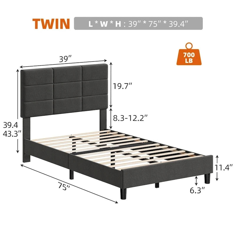 Linen Upholstered Twin Bed Frames with Solid Wooden Slats Support
