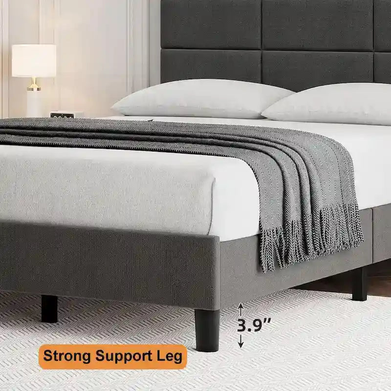 Linen Upholstered Twin Bed Frames with Solid Wooden Slats Support