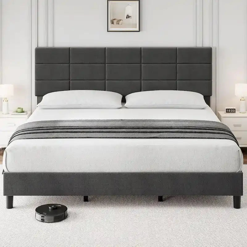 Linen Upholstered Twin Bed Frames with Solid Wooden Slats Support