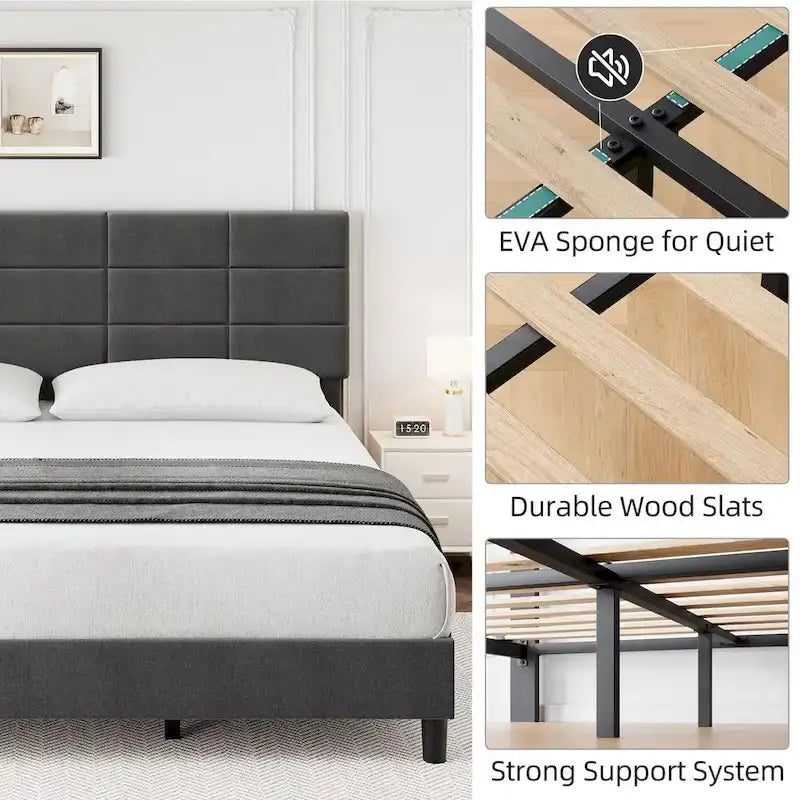 Linen Upholstered Twin Bed Frames with Solid Wooden Slats Support