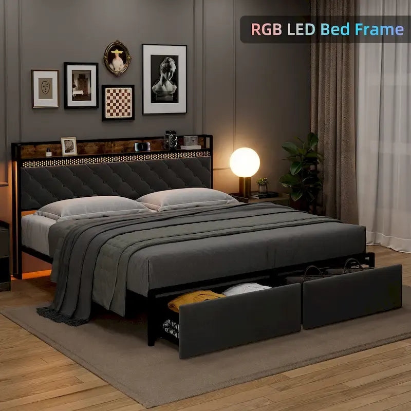 Modern Tufted Metal Platform Bed Storage Headboard & LED Lights