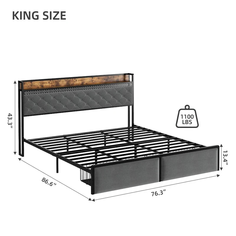 Modern Tufted Metal Platform Bed Storage Headboard & LED Lights