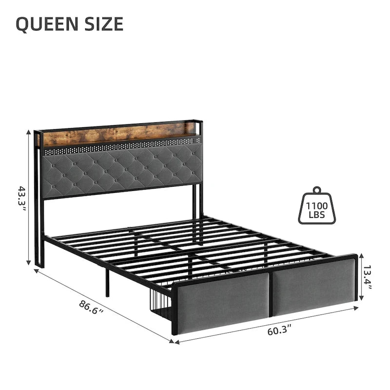 Modern Tufted Metal Platform Bed Storage Headboard & LED Lights