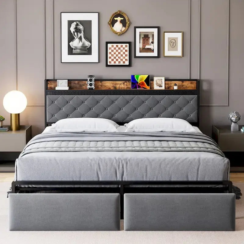 Modern Tufted Metal Platform Bed Storage Headboard & LED Lights