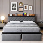 Modern Tufted Metal Platform Bed Storage Headboard & LED Lights