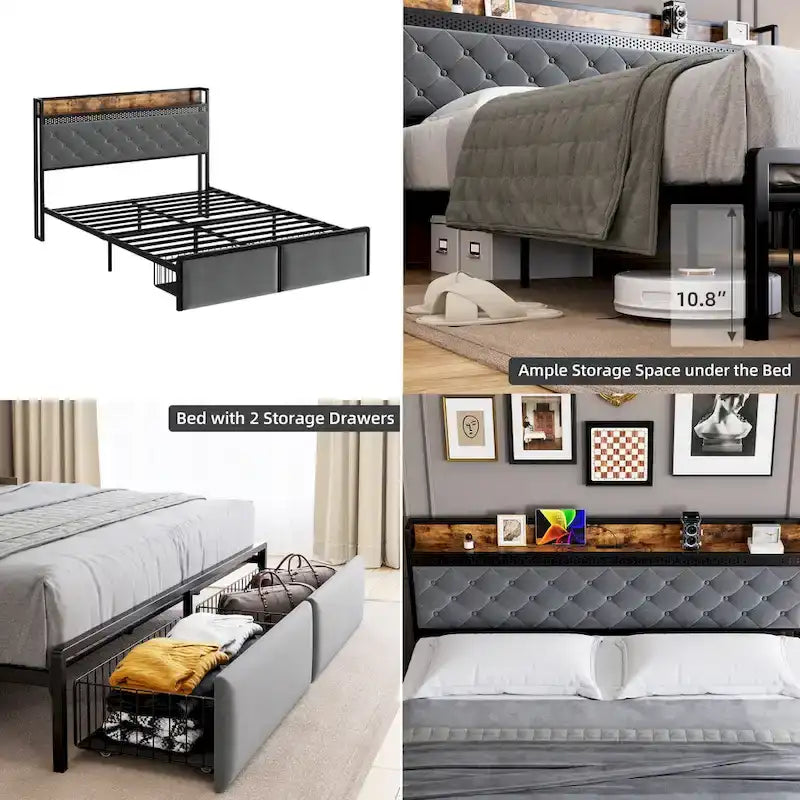 Modern Tufted Metal Platform Bed Storage Headboard & LED Lights